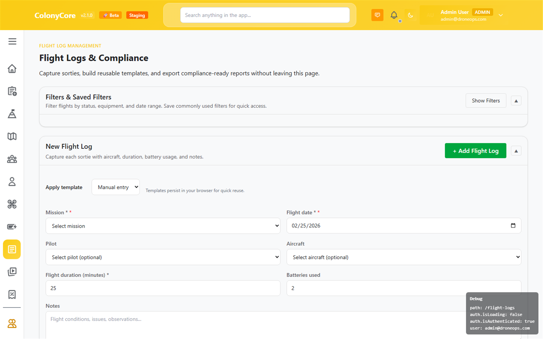 Colony Core flight logs dashboard
