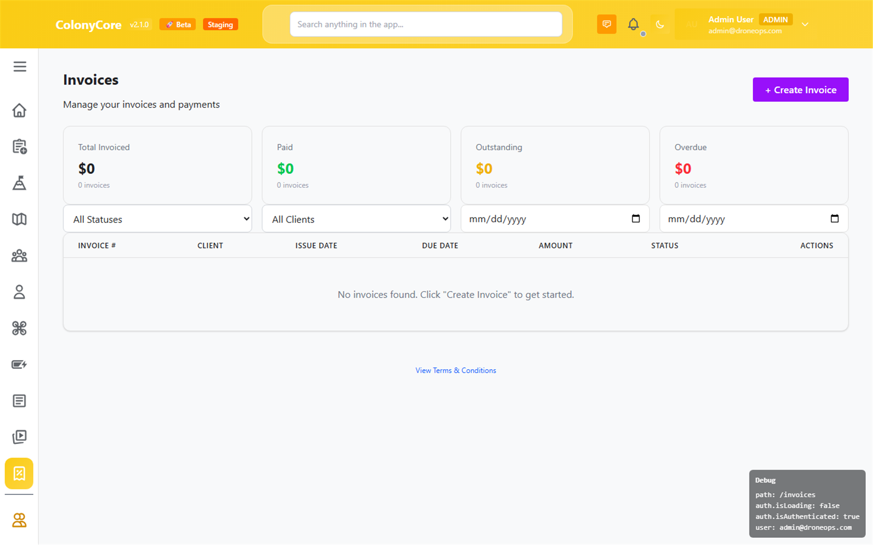 Colony Core invoicing dashboard